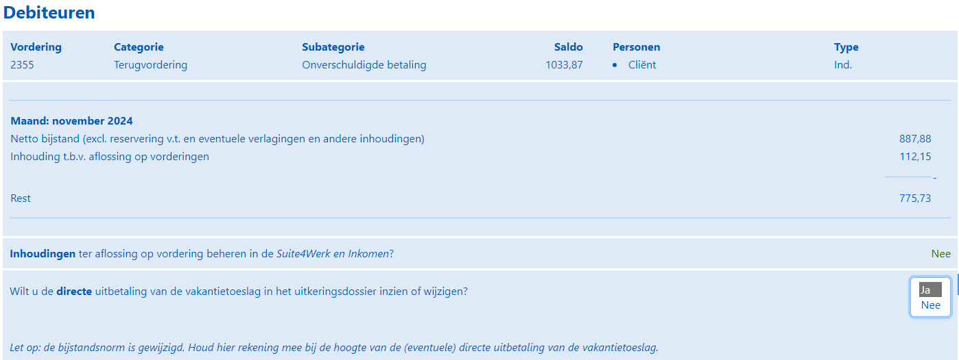 mutatie bijstandsnorm - vordering - aanpassen uitbetaling vt