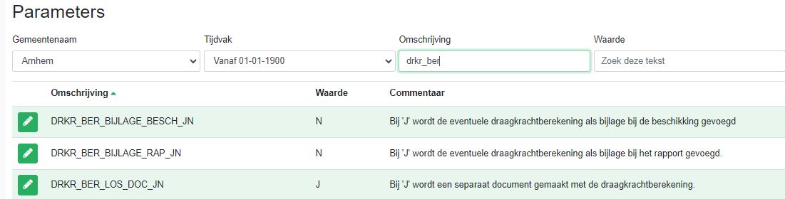 Instellingen document draagkracht berekening