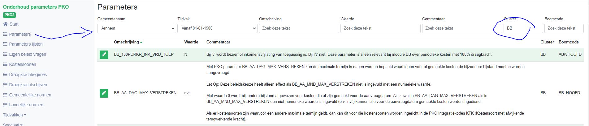 Overzicht parameters cluster BB