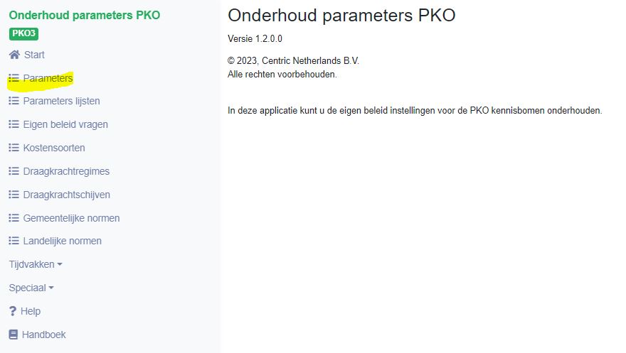 startscherm PKO parameters
