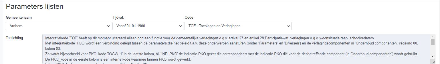 parameterlijsten TOE selectiekop