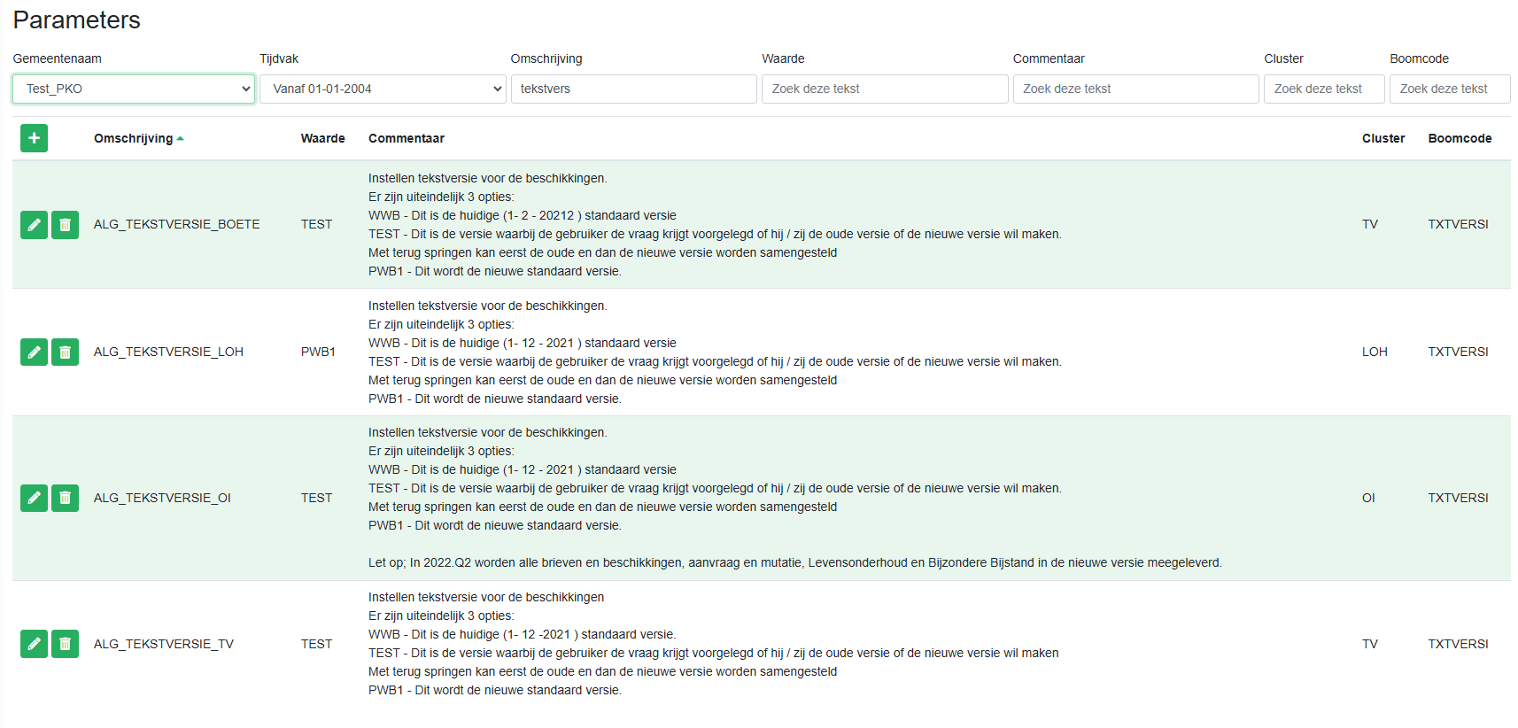 parameters voor tekstversie